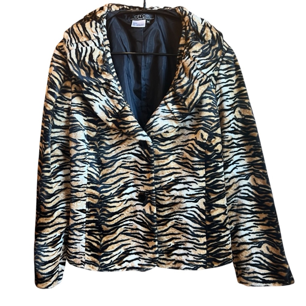 City Girl Animal Print Velvet Jacket – Size Medium 2 Button Chic Elegant